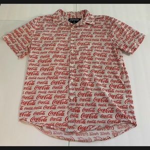Men's Large Coca Cola White Red Short Sleeve Button Down Shirt